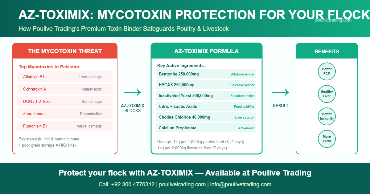 Read more about the article Mycotoxin Contamination in Poultry Feed: Dangers, Detection & How AZ-TOXIMIX Protects Your Flock