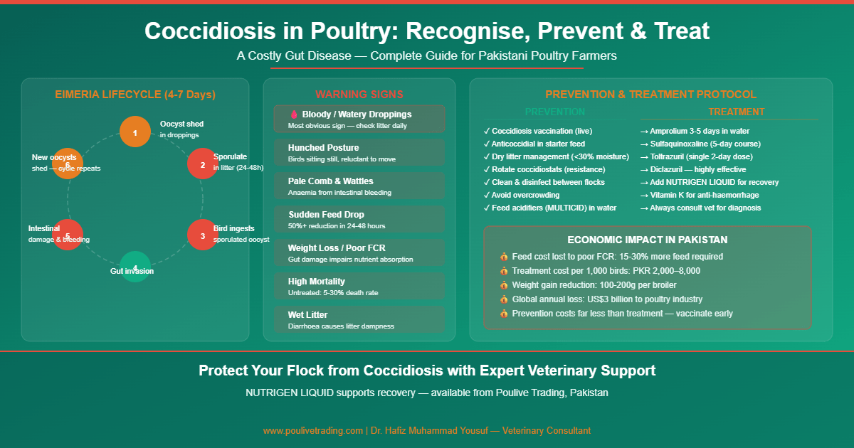 Infographic showing Eimeria lifecycle, warning signs and prevention/treatment protocol for coccidiosis in Pakistani poultry farms