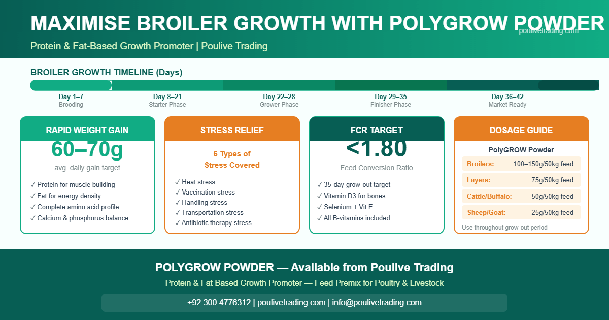 PolyGROW Powder broiler growth guide infographic by Poulive Trading
