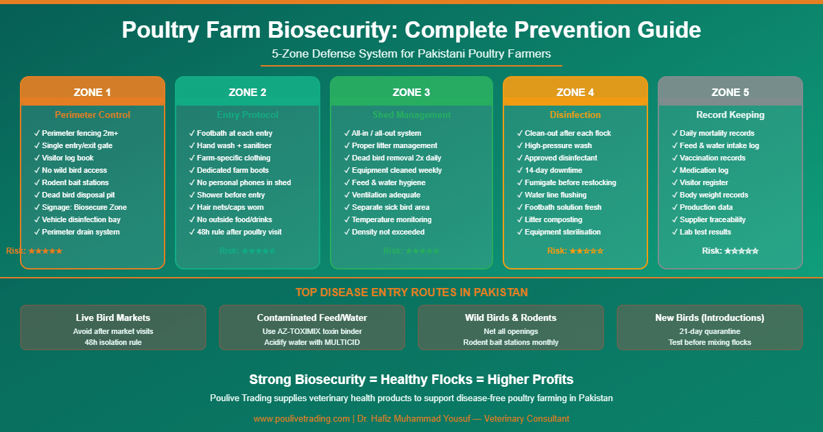 Read more about the article Poultry Farm Biosecurity in Pakistan: A Complete Guide to Preventing Disease Outbreaks