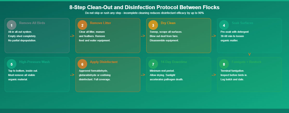 Poultry farm cleaning and disinfection protocol infographic