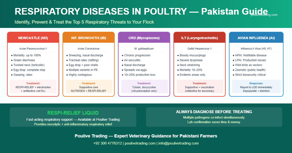 Read more about the article Respiratory Diseases in Poultry: Causes, Symptoms & Effective Treatment in Pakistan