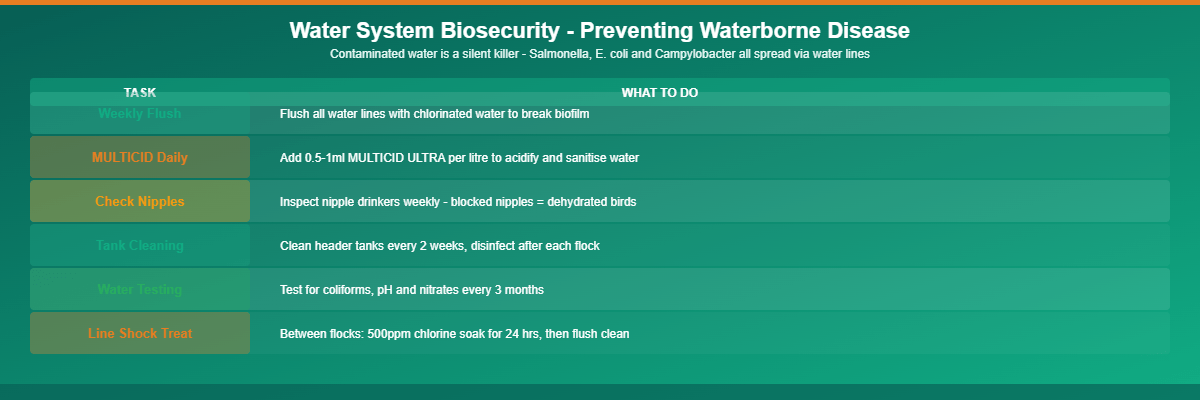 Poultry farm water system biosecurity infographic